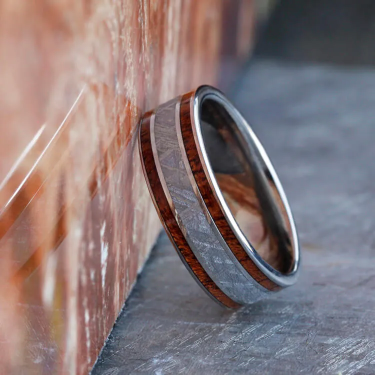 Gibeon Meteorite Wedding Ring Set, White Gold Halo Engagement Ring and Tulipwood Wedding Band