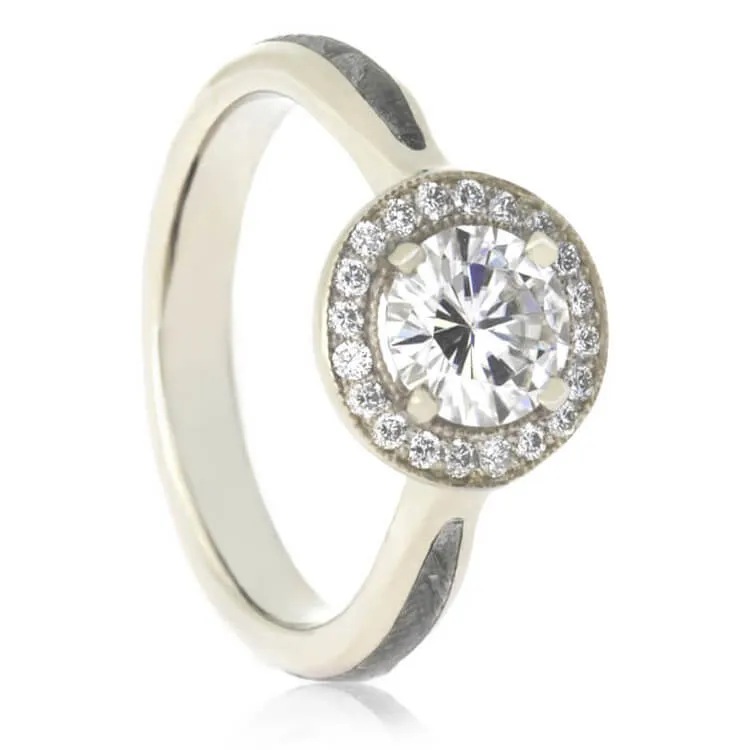 Gibeon Meteorite Wedding Ring Set, White Gold Halo Engagement Ring and Tulipwood Wedding Band
