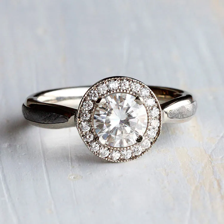 Gibeon Meteorite Wedding Ring Set, White Gold Halo Engagement Ring and Tulipwood Wedding Band