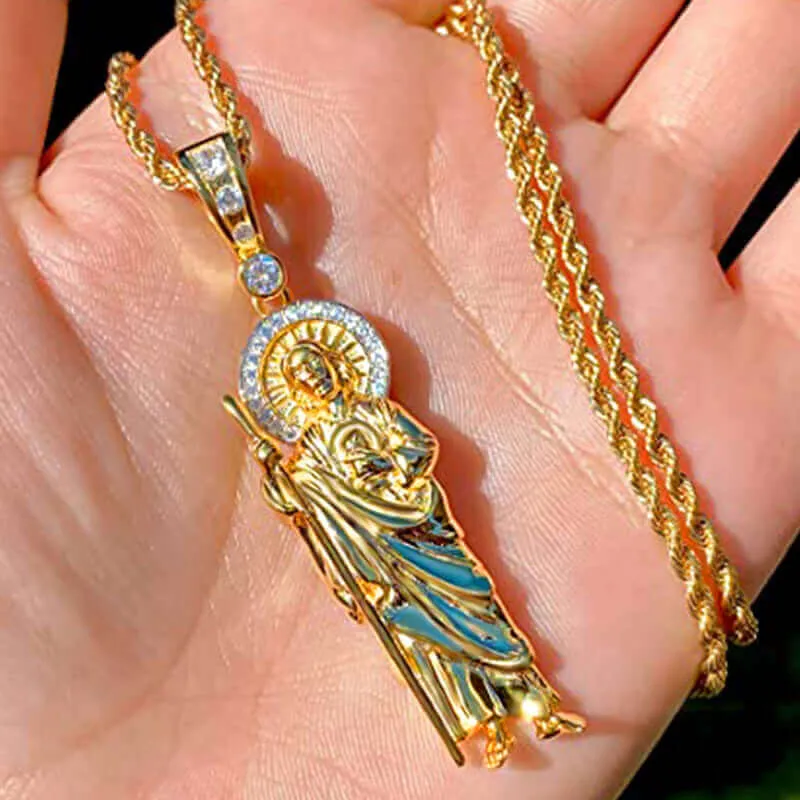 Gold Ice Finish Cubic Zirconia San Judas Pendant Necklace