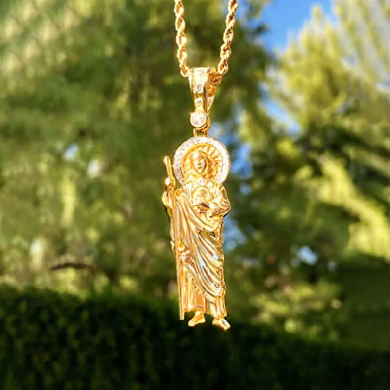 Gold Ice Finish Cubic Zirconia San Judas Pendant Necklace