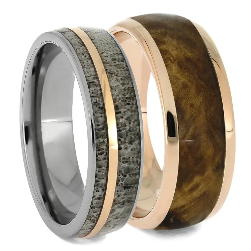 Gold Wedding Bands with Deer Antler and Wood