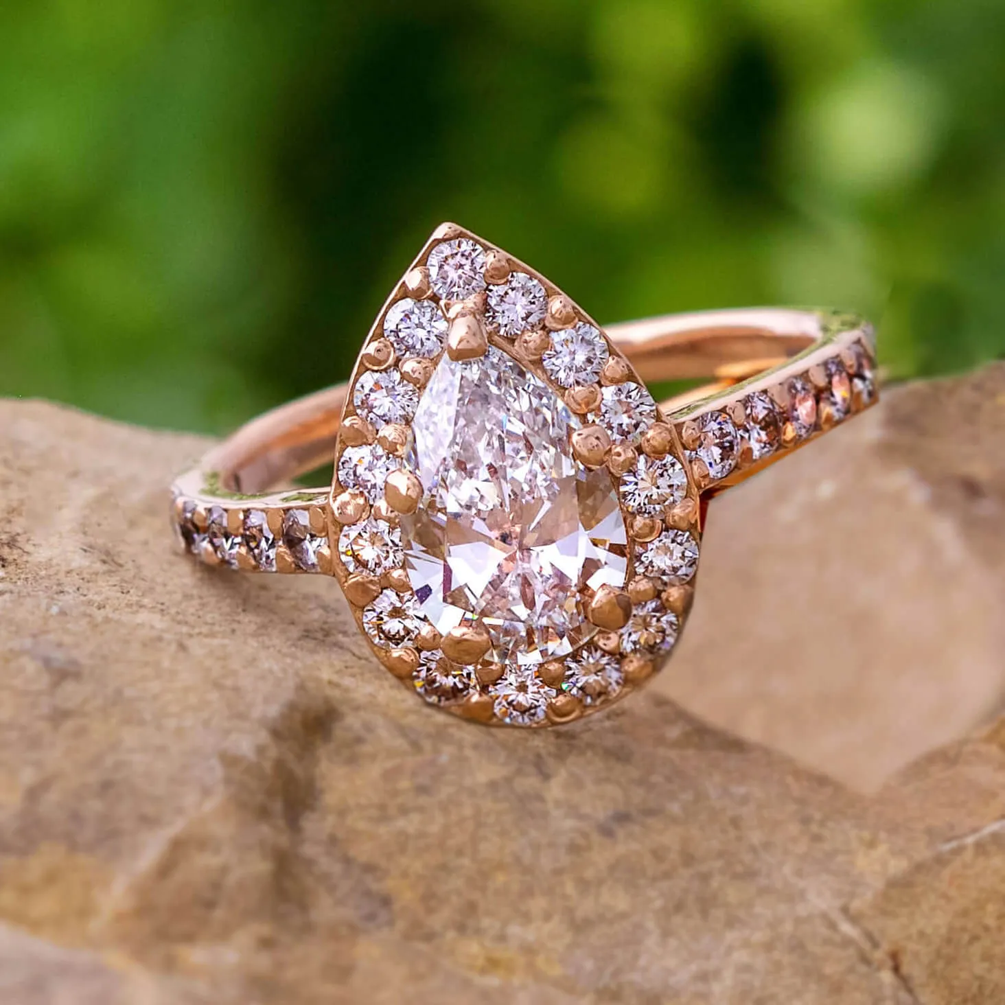 Gold Wedding Ring Set with Pear Halo Moissanite Engagement Ring