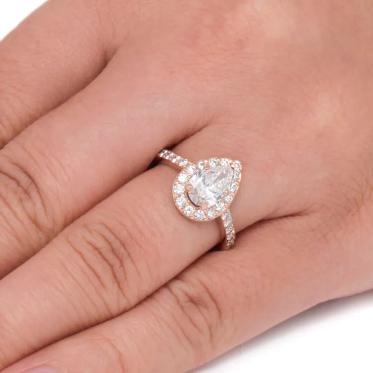 Gold Wedding Ring Set with Pear Halo Moissanite Engagement Ring