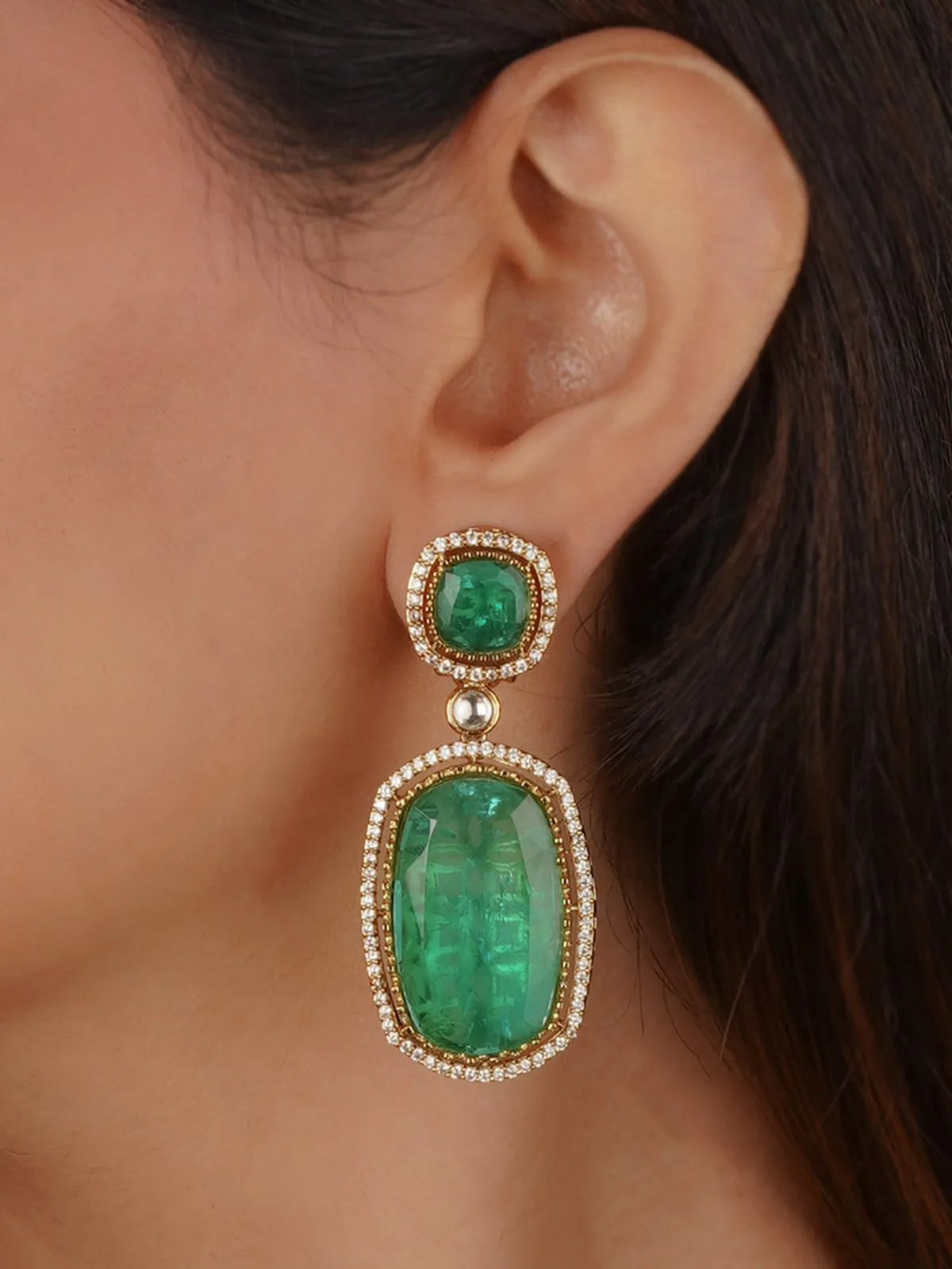 Green Color Gold Plated Faux Diamond Earrings - CZEAR559GR