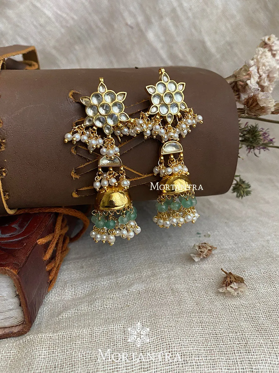 Green Color Gold Plated Jadau Kundan Earrings - ME989YC