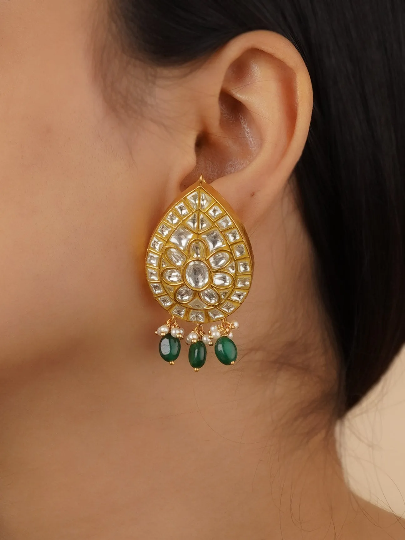 Green Color Gold Plated Thappa Jadau Kundan Earrings - TJ-E81
