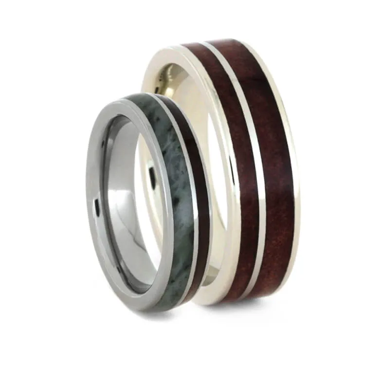 Green Jade Wedding Band Set with Redwood and Cedar Wood