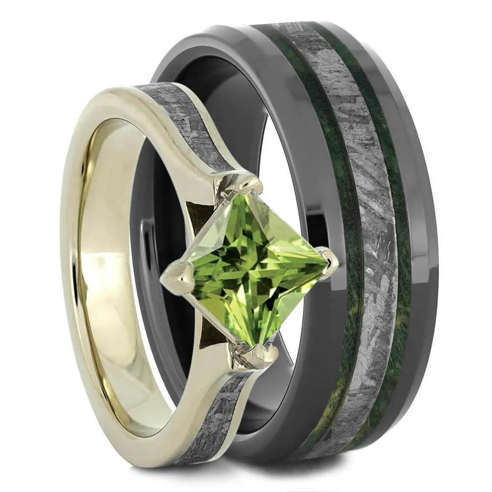 Green Wedding Ring Set With Peridot Engagement Ring And Meteorite