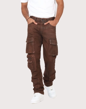 Grindhouse Bourbon Brown Straight Fit Waxed Cargo Jeans Evening wear Cotton - made fashion