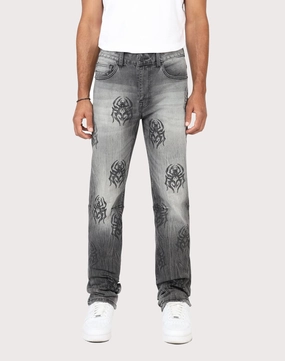 Grindhouse Pluto Grey Straight Fit Spider Rhinestone Jeans Upcycled fashion Luxury fashion items