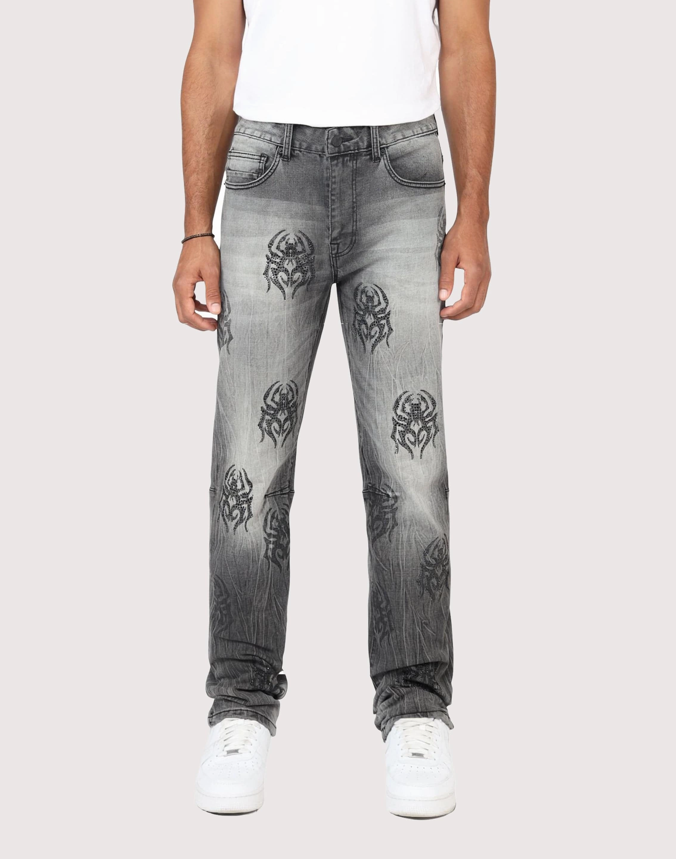 Grindhouse Pluto Grey Straight Fit Spider Rhinestone Jeans Upcycled fashion Luxury fashion items