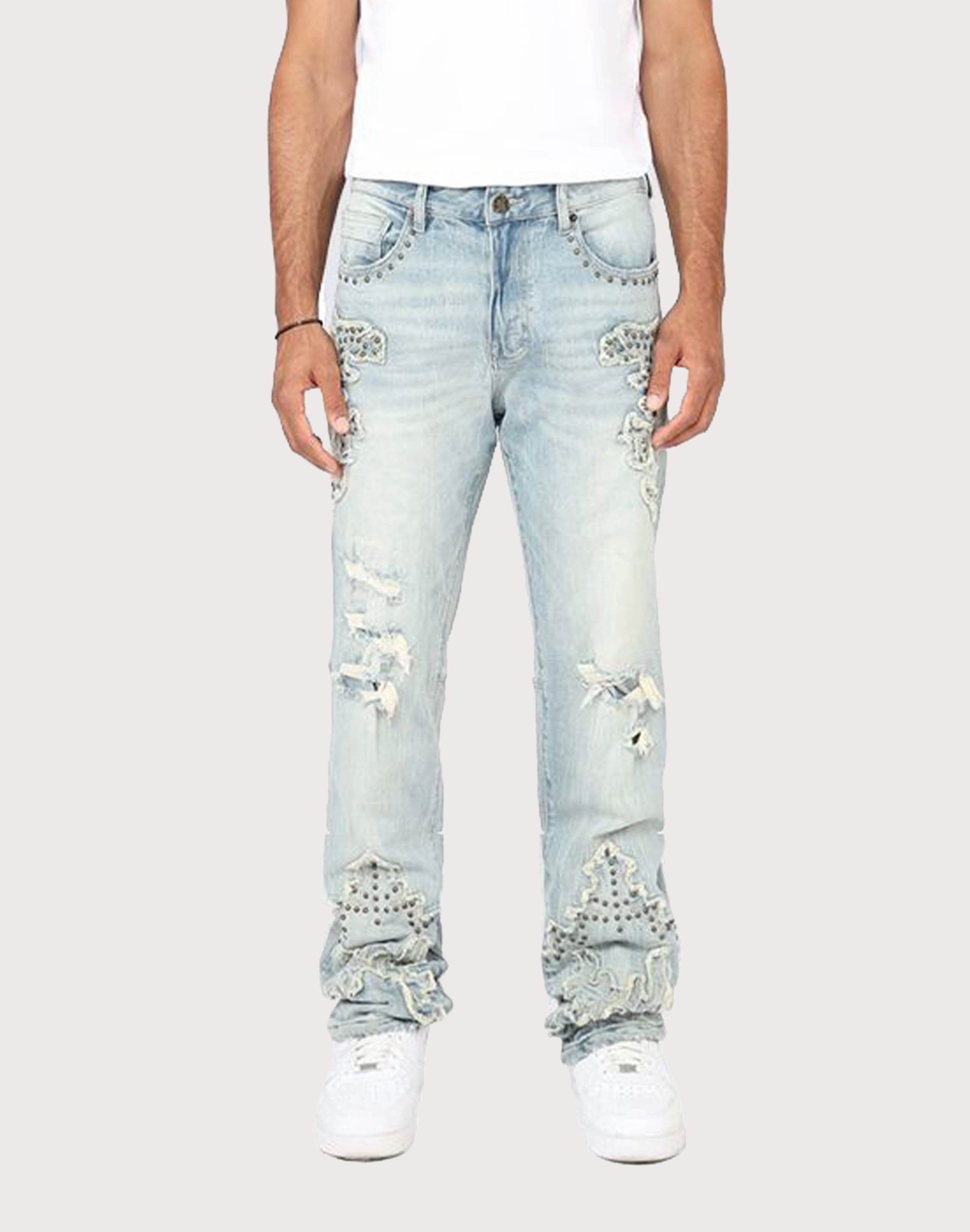 Grindhouse Straight Fit Western Studded Milky Blue Jeans Clothing and accessories Everyday wear