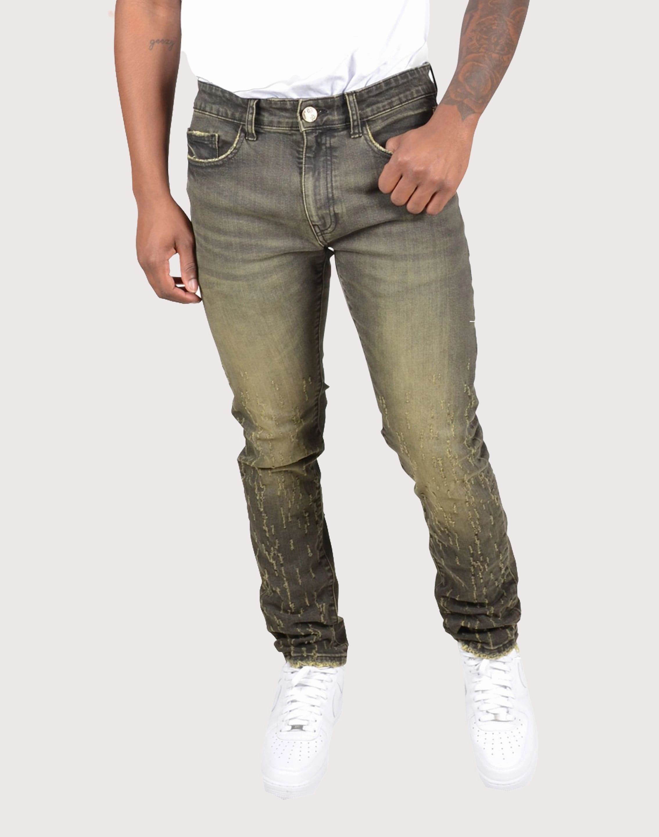 Grindhouse Tinted Slim Scratched Denim Jeans Fashion events Embroidered fashion