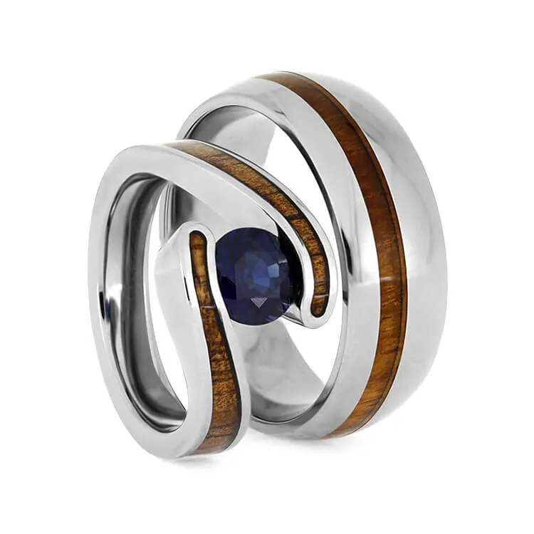 Hawaiian Wood Ring Set, Titanium Wedding Rings With Koa Wood