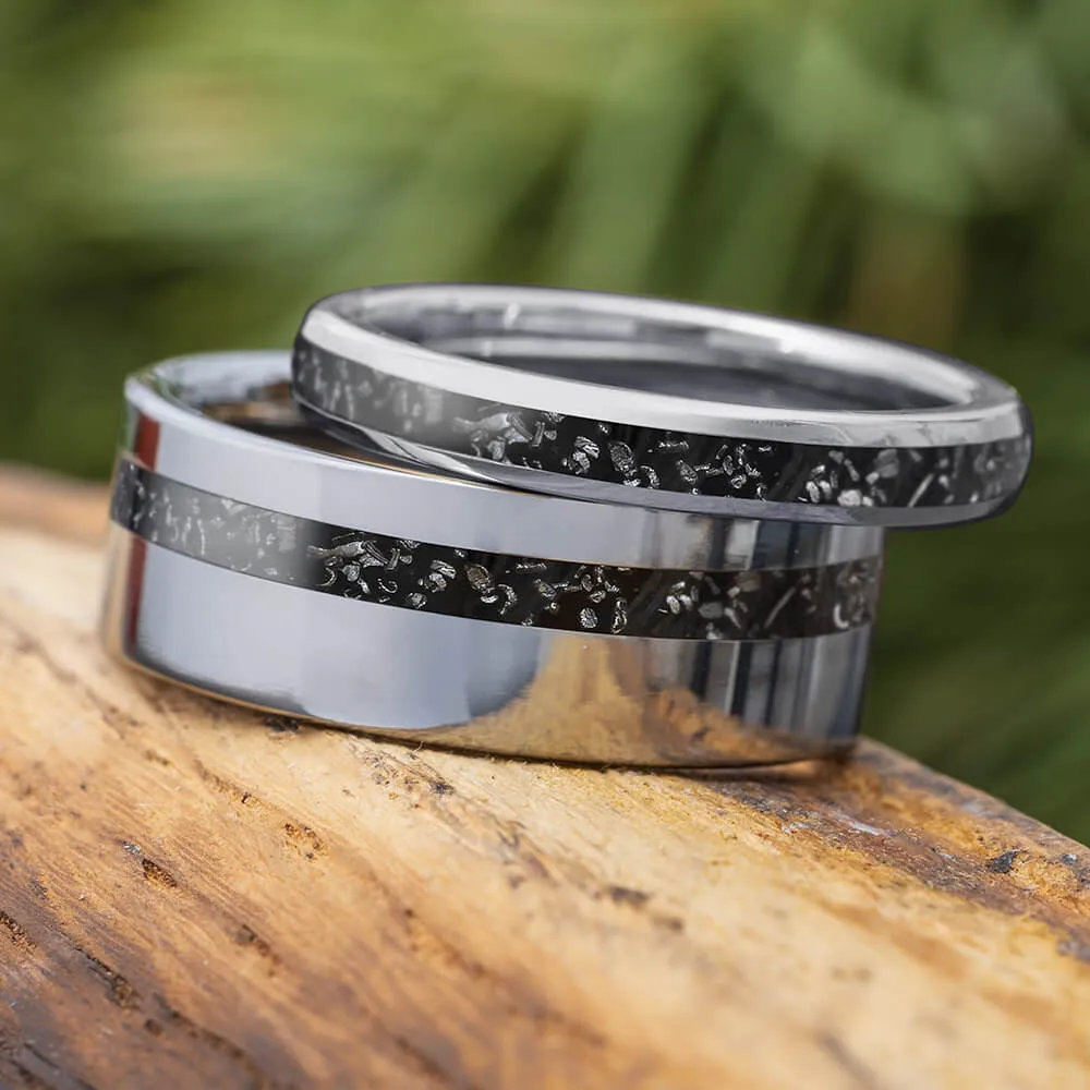 His & Hers Black Stardust Wedding Bands