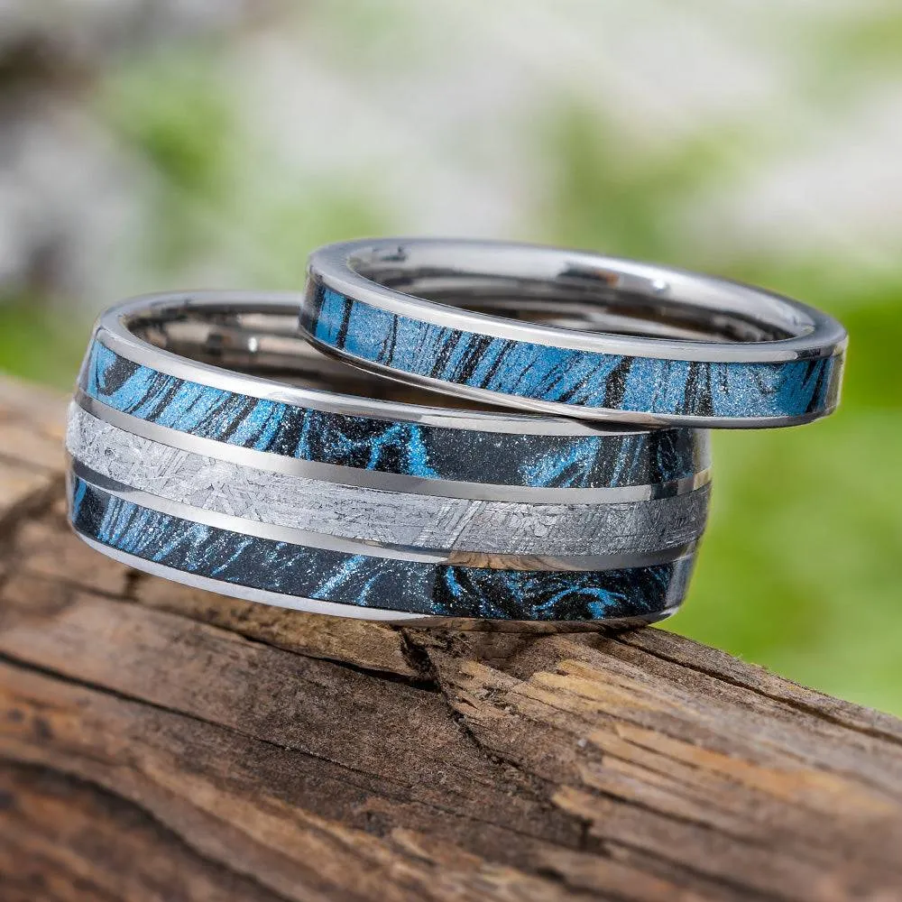 His & Hers Blue Ring Set with Meteorite and Mokume