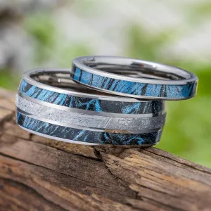 His & Hers Blue Ring Set with Meteorite and Mokume