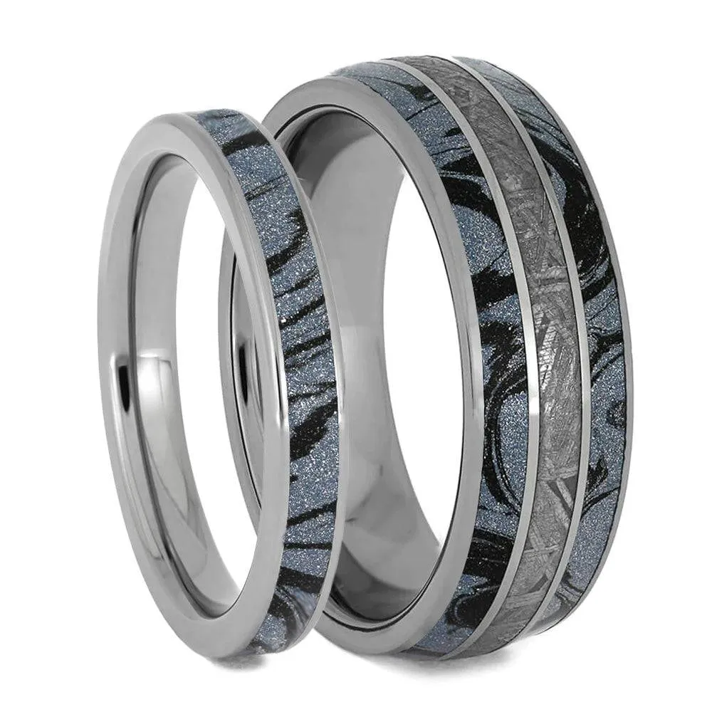 His & Hers Blue Ring Set with Meteorite and Mokume