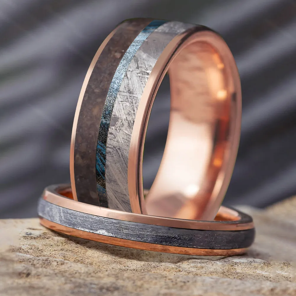His & Hers Wedding Bands With Meteorite & Dino Bone