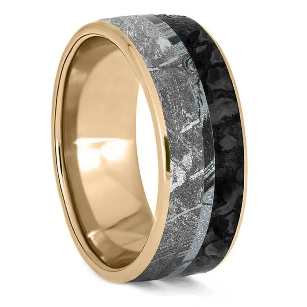 His & Hers Wedding Bands With Meteorite & Dino Bone