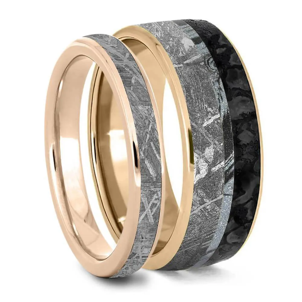 His & Hers Wedding Bands With Meteorite & Dino Bone
