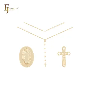 Hollow Oval pillar beads 14K Gold Rosary Necklace of Guadalupe Virgin Mary