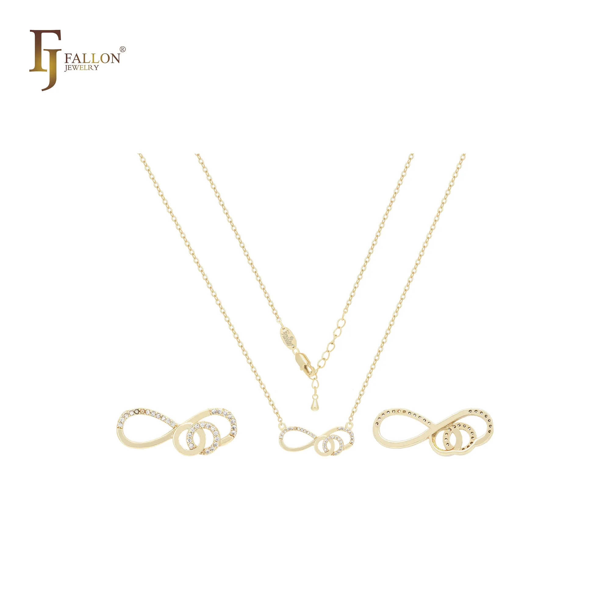Infinity with double circles of white CZs 14K Gold Necklace
