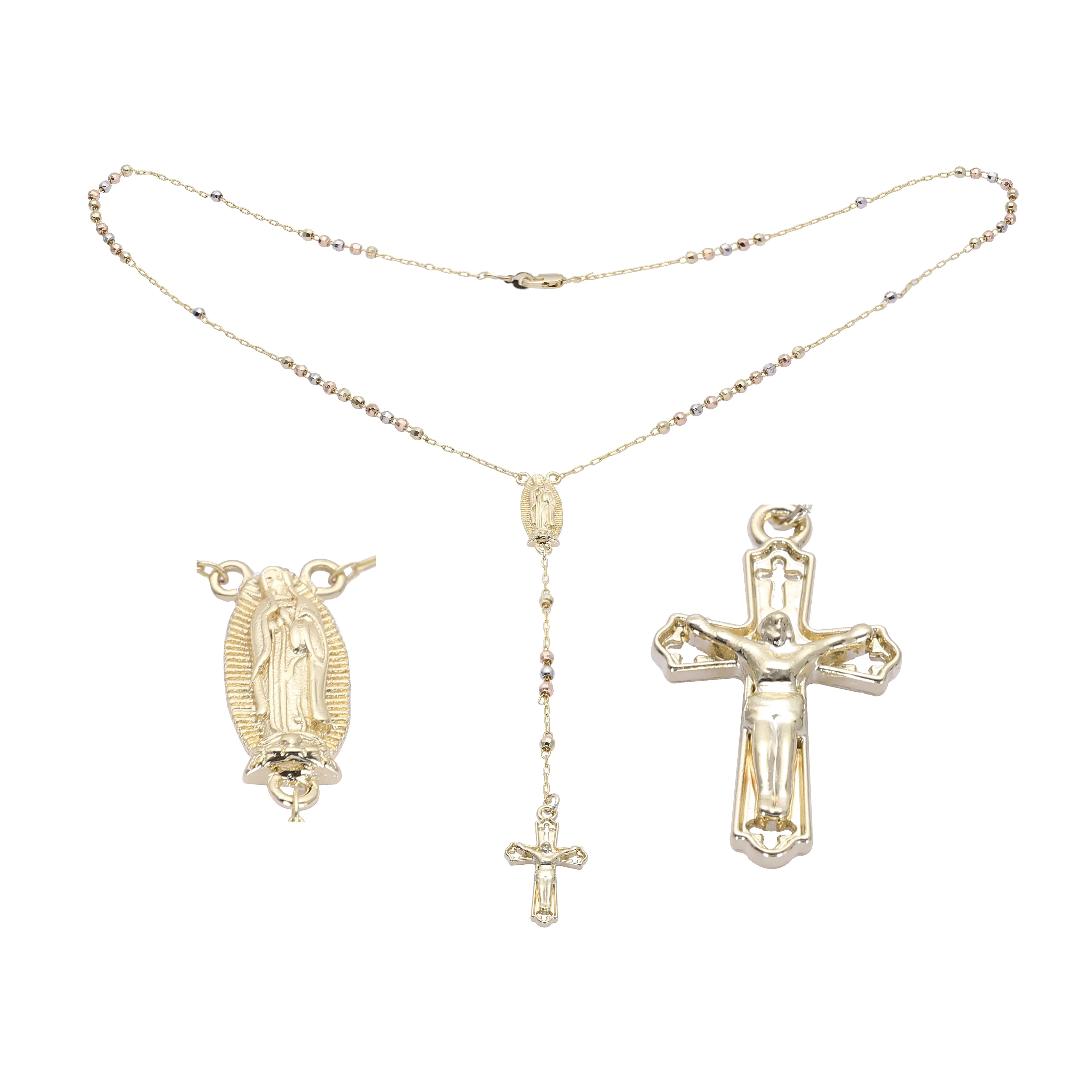 Italian Virgin of Guadalupe and the Cross 14K Gold three tone Rosary Necklace