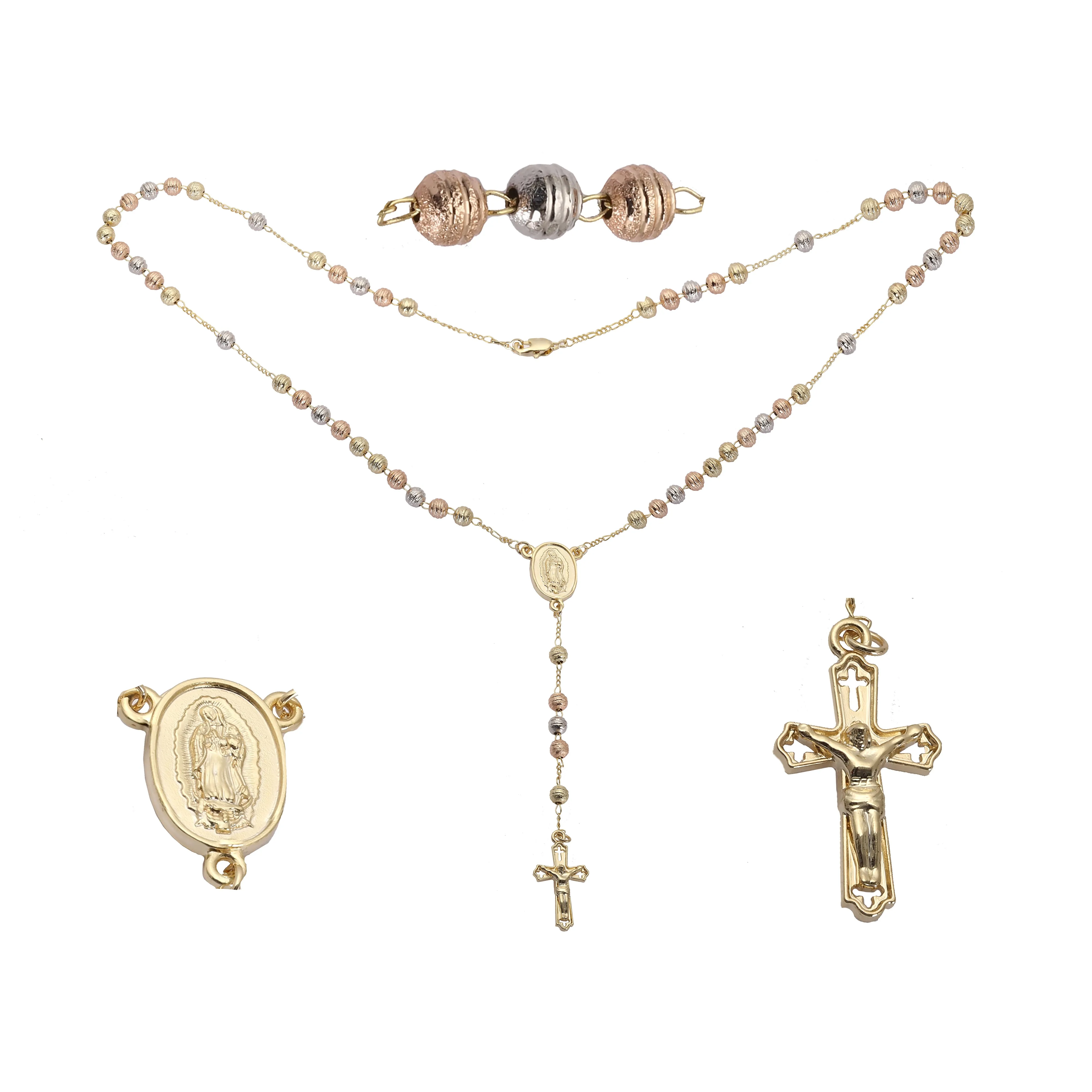 Italian Virgin of Guadalupe and the Cross 14K Gold three tone Rosary Necklace