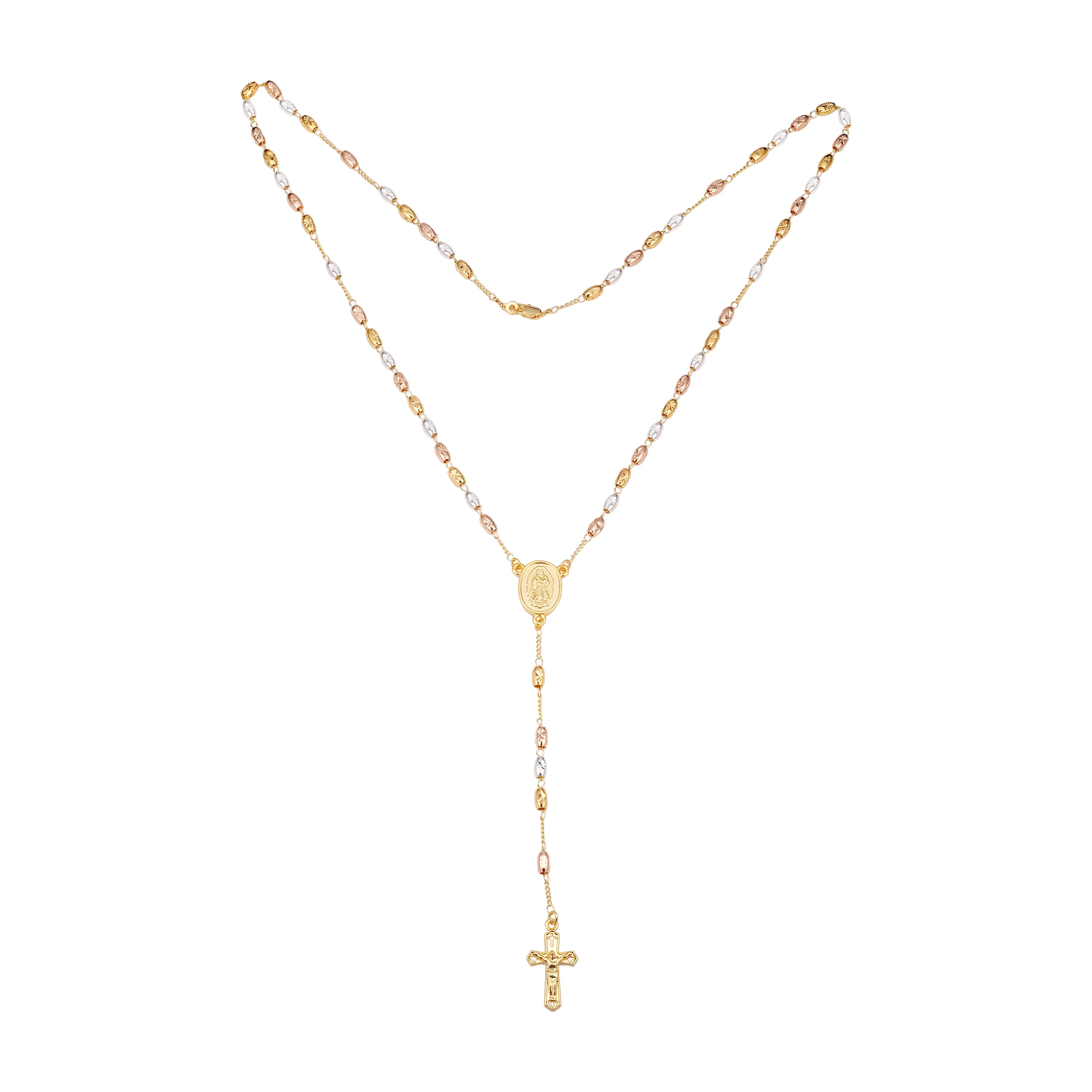 Italian Virgin of Guadalupe and the Cross 18K Gold three tone Rosary necklace