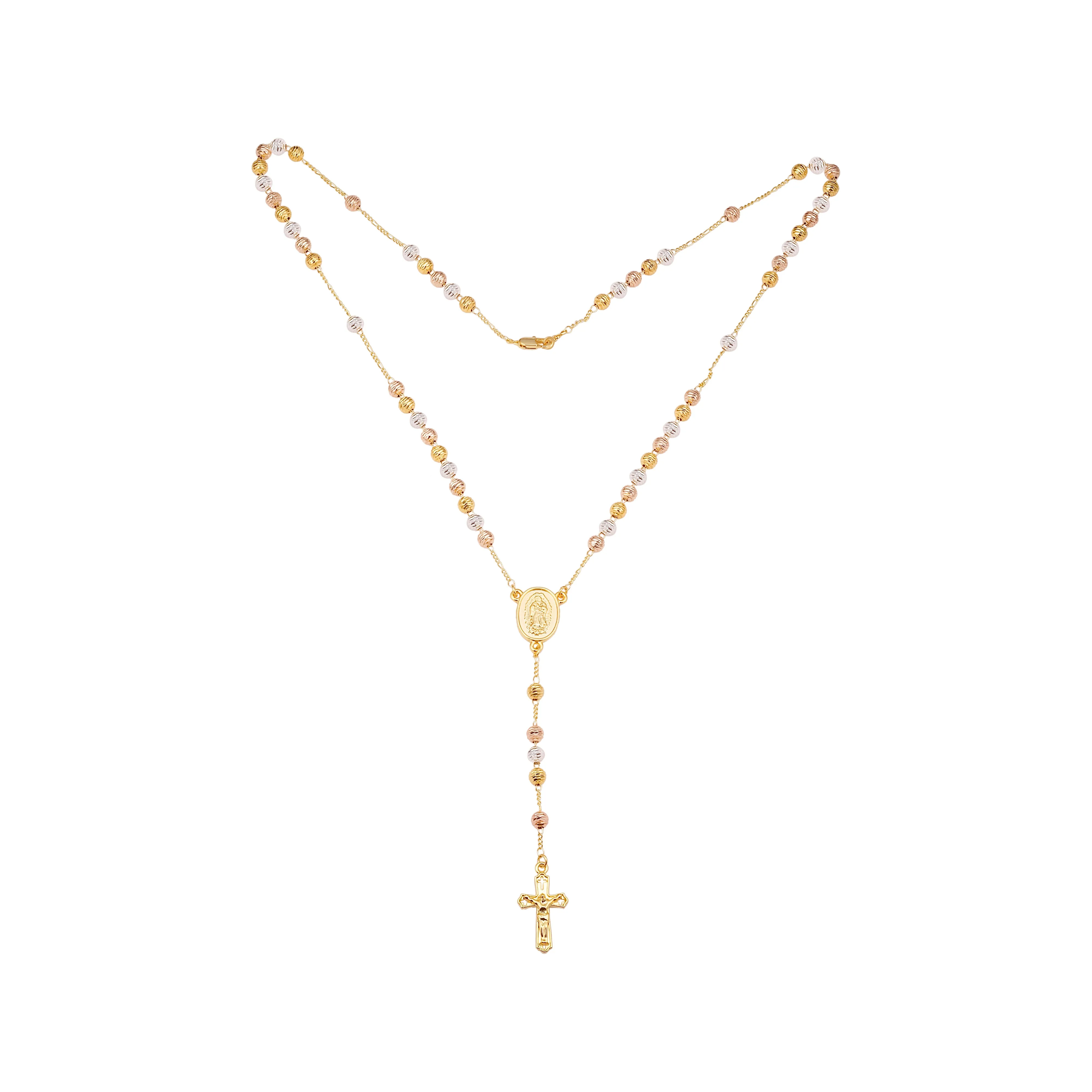 Italian Virgin of Guadalupe and the Cross 18K Gold three tone Rosary necklace