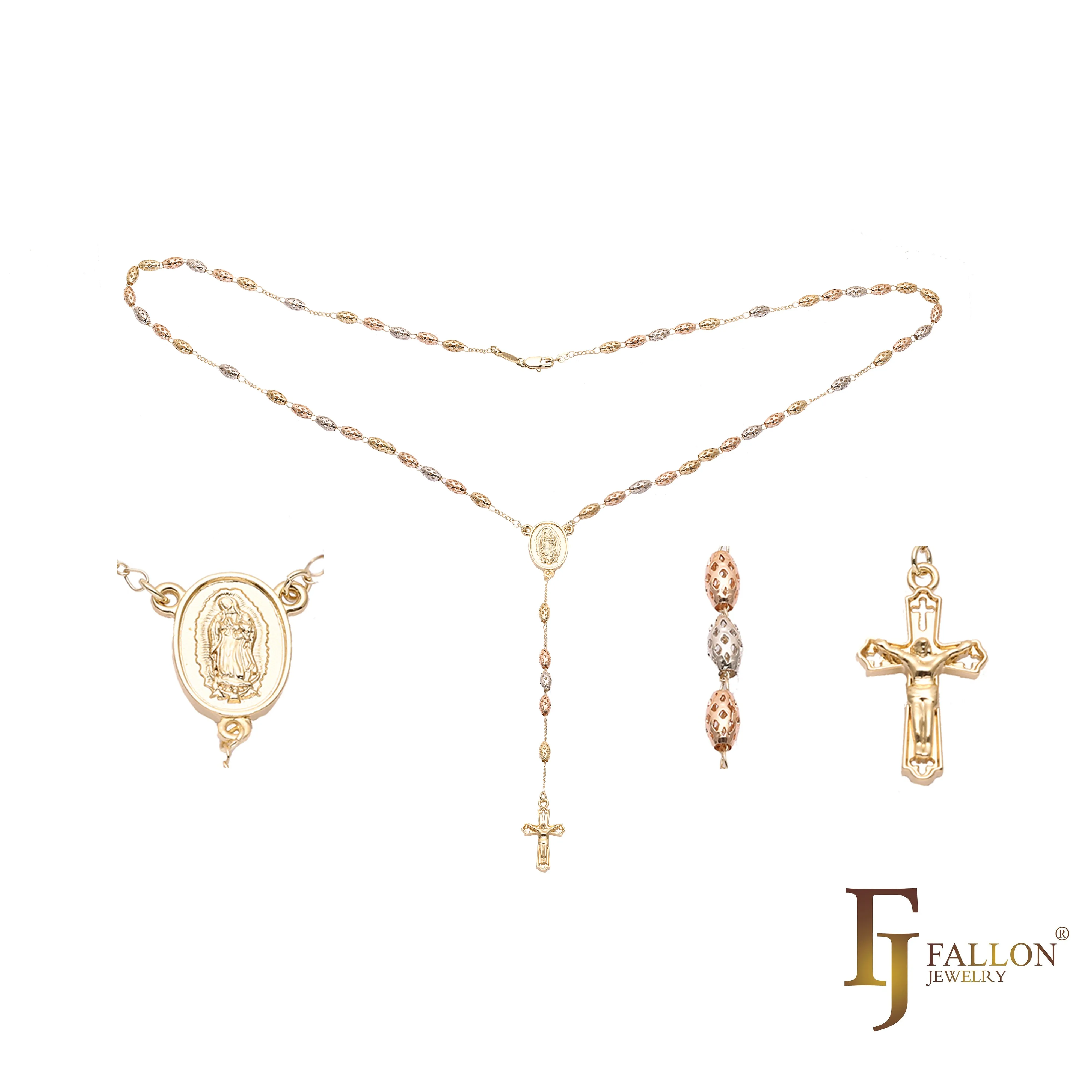 Italian Virgin of Guadalupe Catholic 14K Gold two tone Rosary Necklace