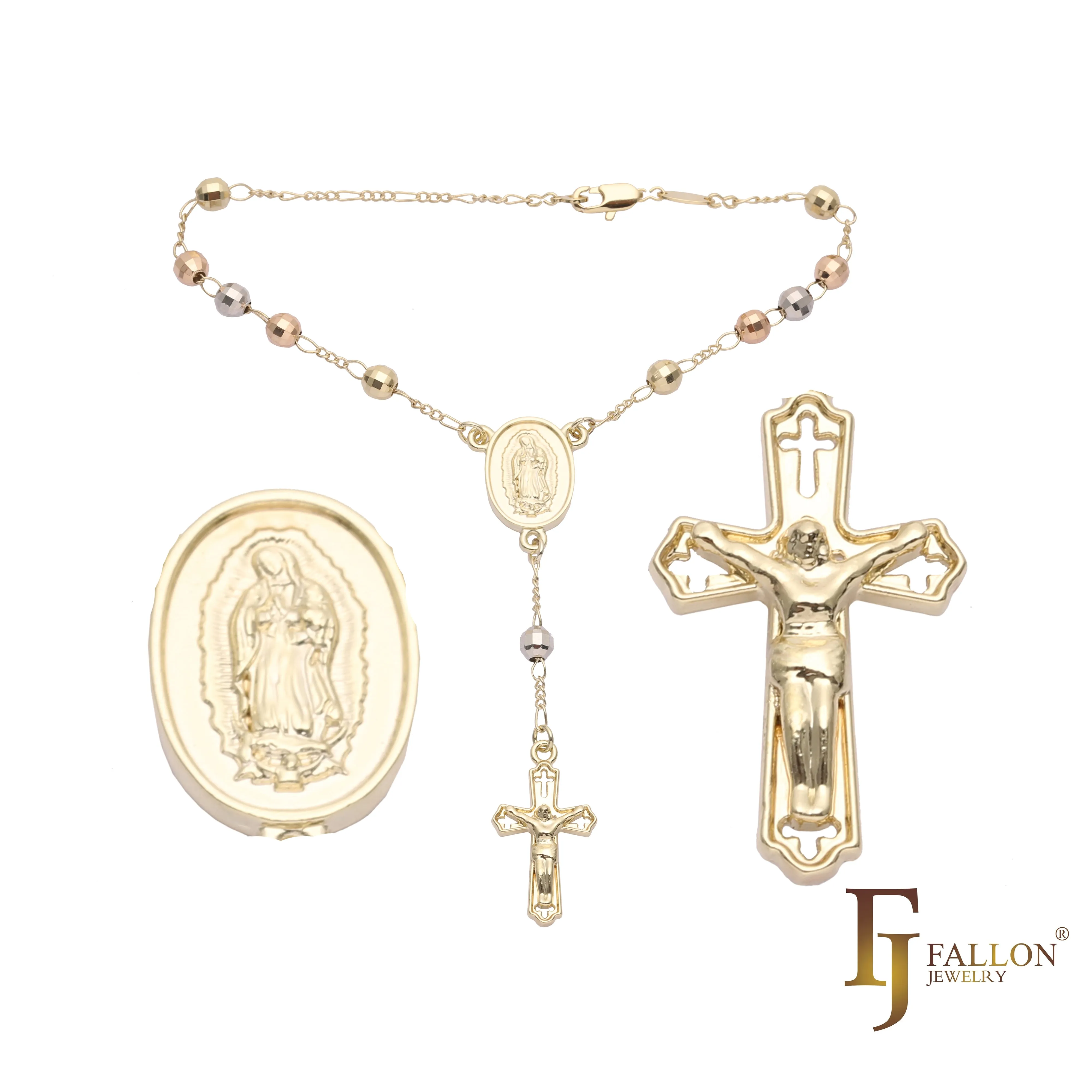 Italian Virgin of Guadalupe Catholic beads Rosary Necklace plated in White Gold, 14K Gold, 14K Gold two tone