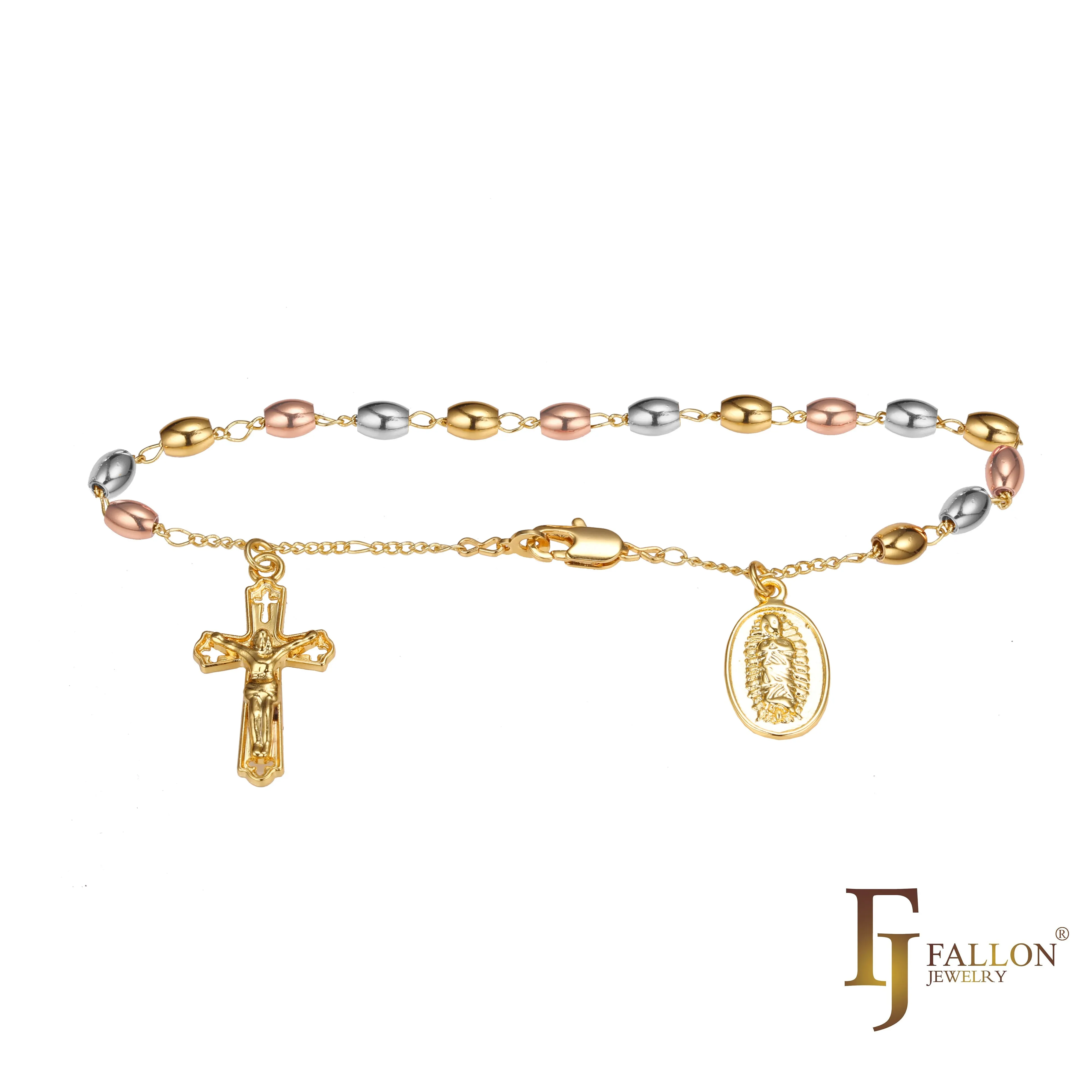 Italian Virgin of Guadalupe Catholic Rosary Bracelets Necklace plated in 18K Gold, 14K Gold, 14K Gold two tone