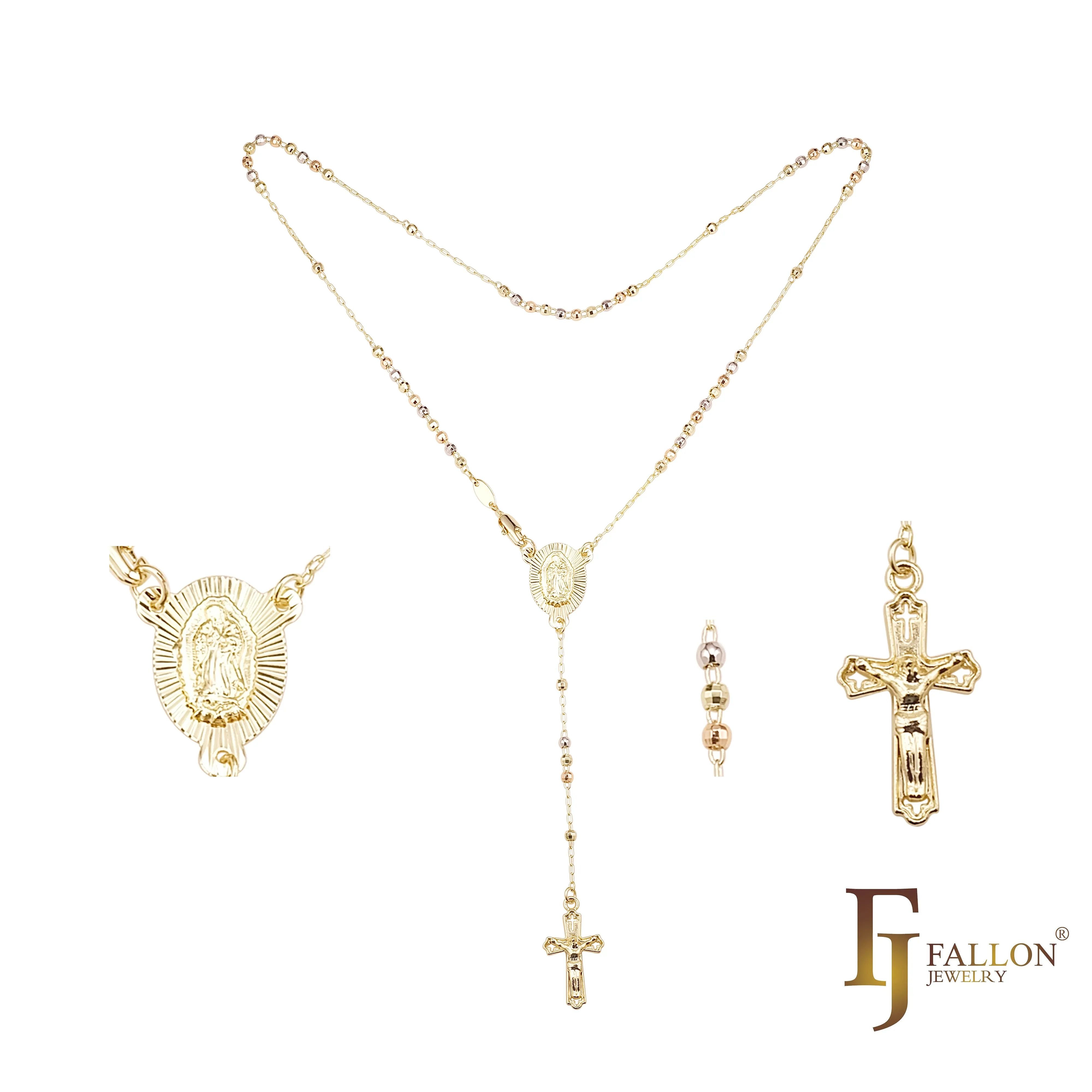 Italian Virgin of Guadalupe Catholic Rosary Necklace plated in 14K Gold, 14K Gold two tone