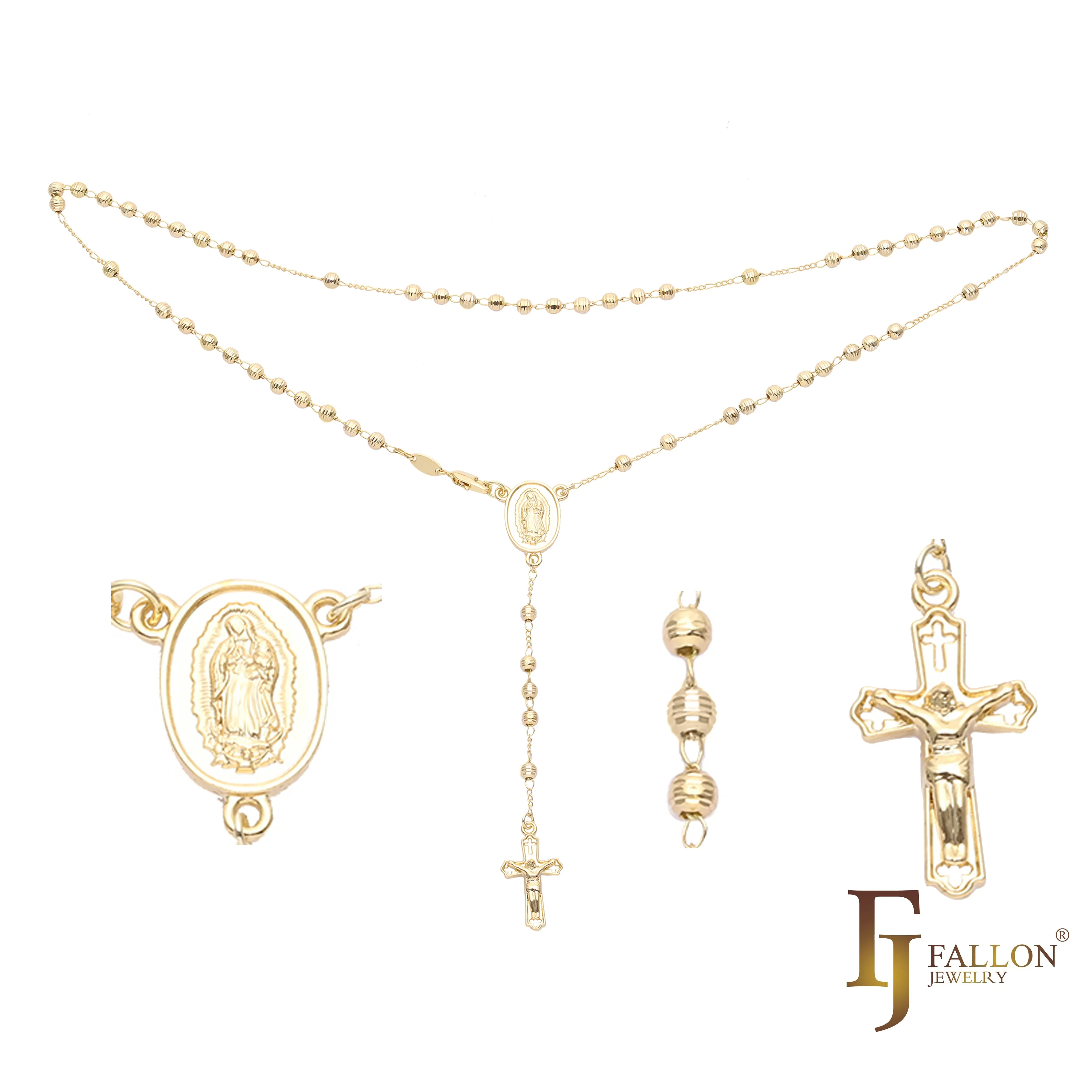 Italian Virgin of Guadalupe Catholic Rosary Necklace plated in 14K Gold, 14K Gold two tone
