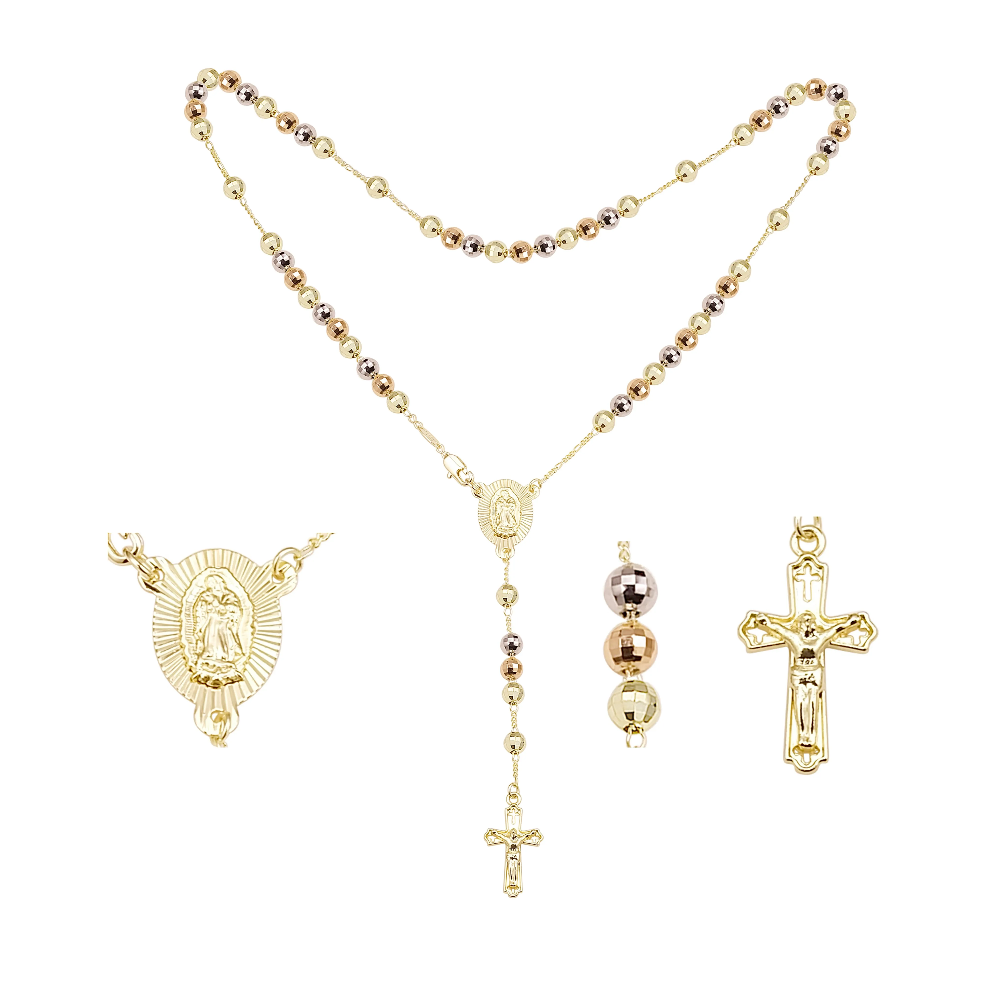 Italian Virgin of Guadalupe Catholic Rosary Necklace plated in 14K Gold, 14K Gold two tone
