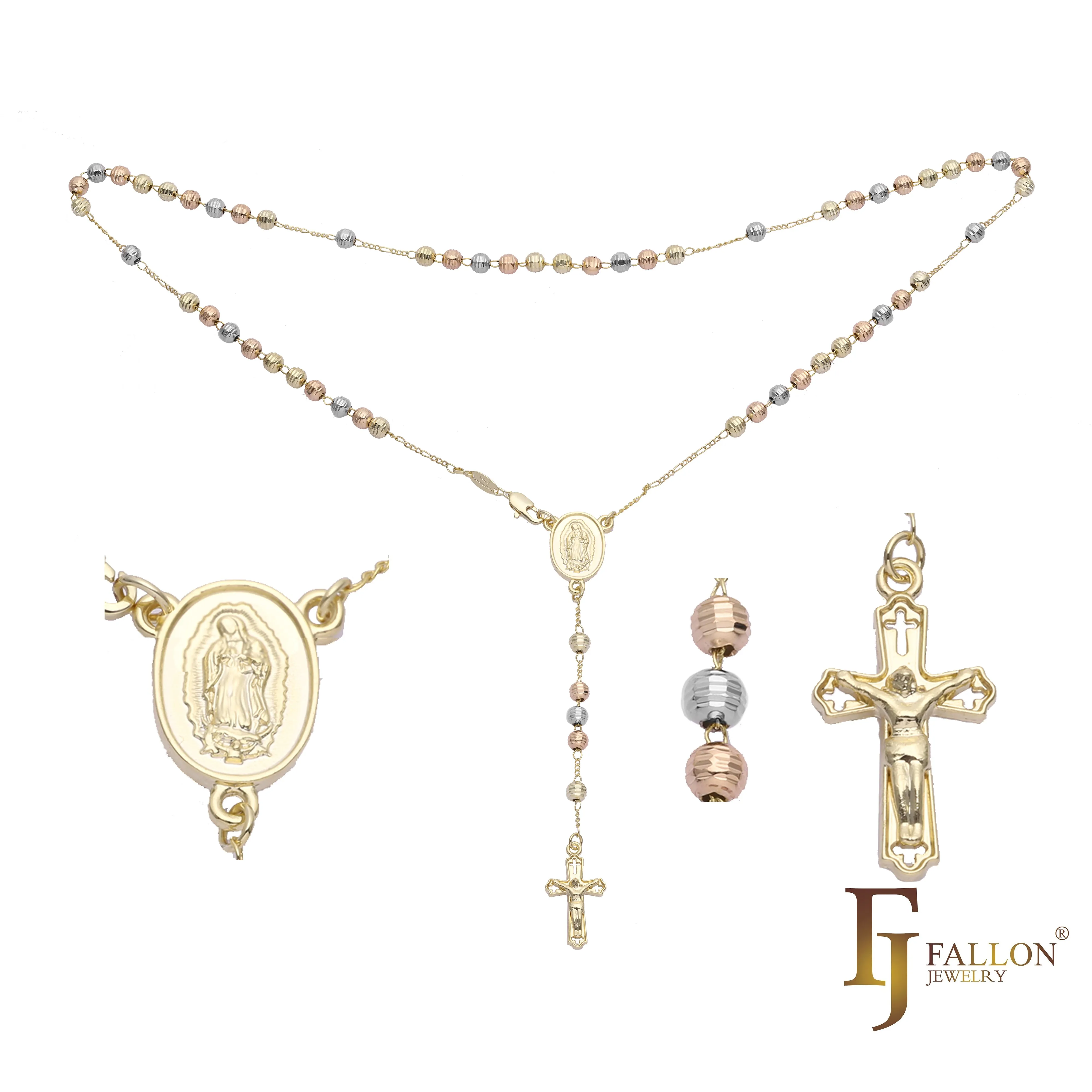 Italian Virgin of Guadalupe Catholic Rosary Necklace plated in 14K Gold, 14K Gold two tone