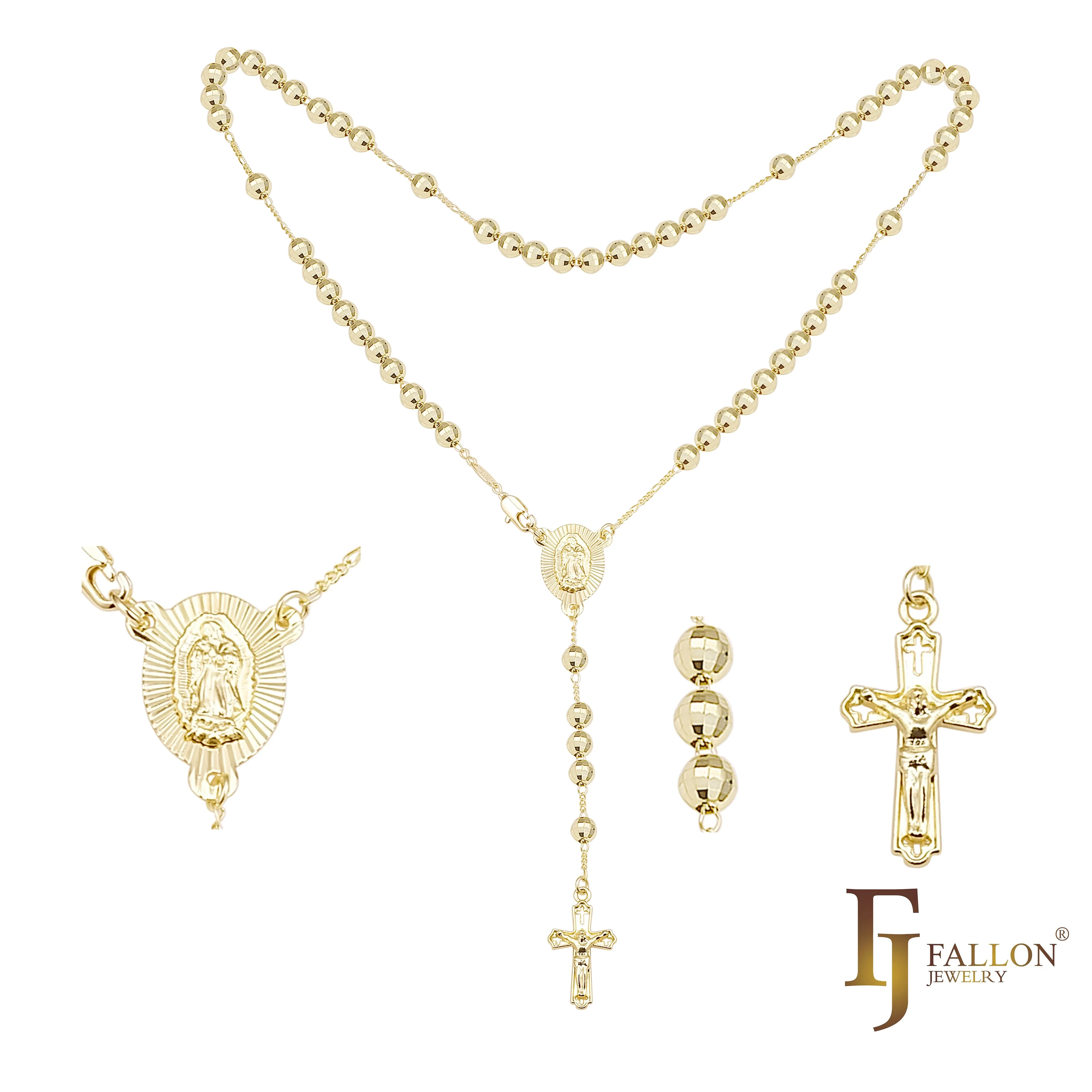 Italian Virgin of Guadalupe Catholic Rosary Necklace plated in 14K Gold, 14K Gold two tone