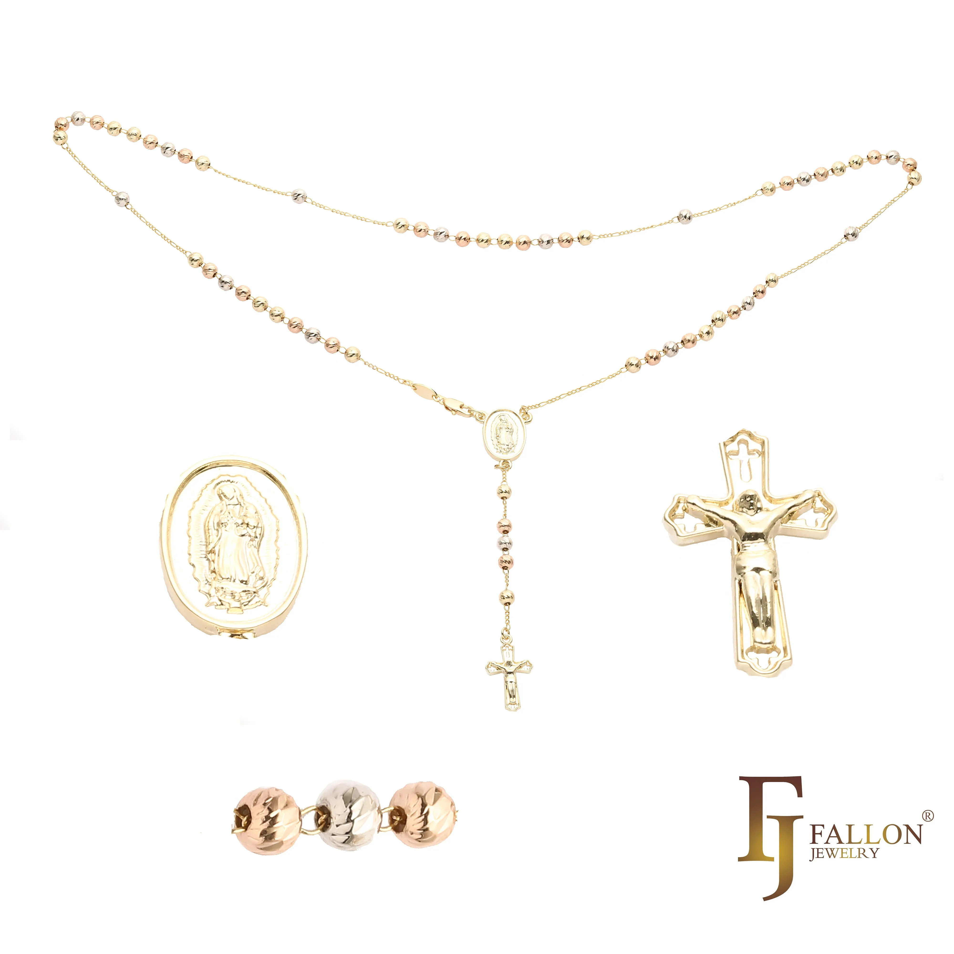 Italian Virgin of Guadalupe Catholic Rosary Necklace plated in 18K Gold, 14K Gold, 14K Gold two tone