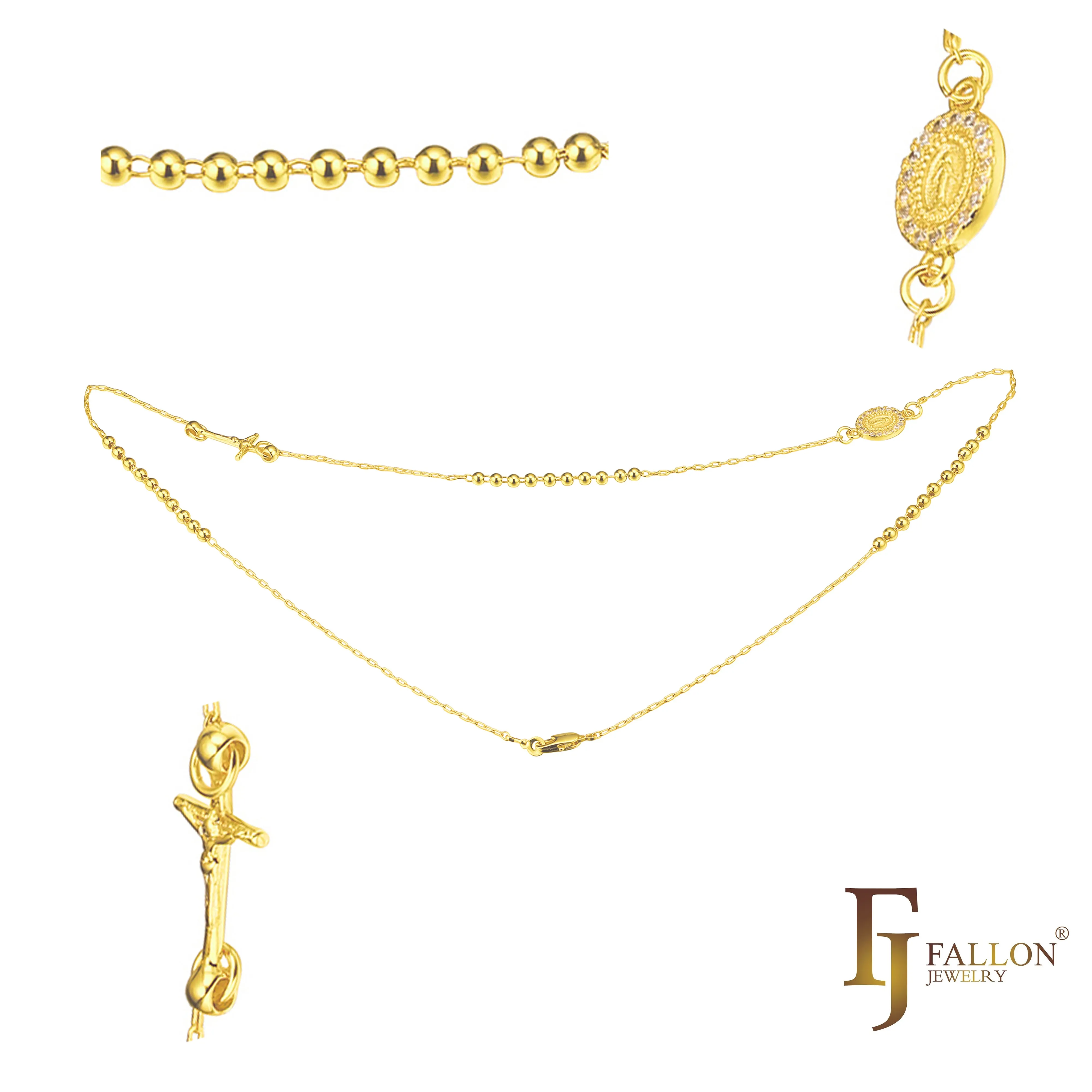 Italian Virgin of Guadalupe Catholic Rosary Necklace plated in White Gold, 14K Gold, 18K Gold