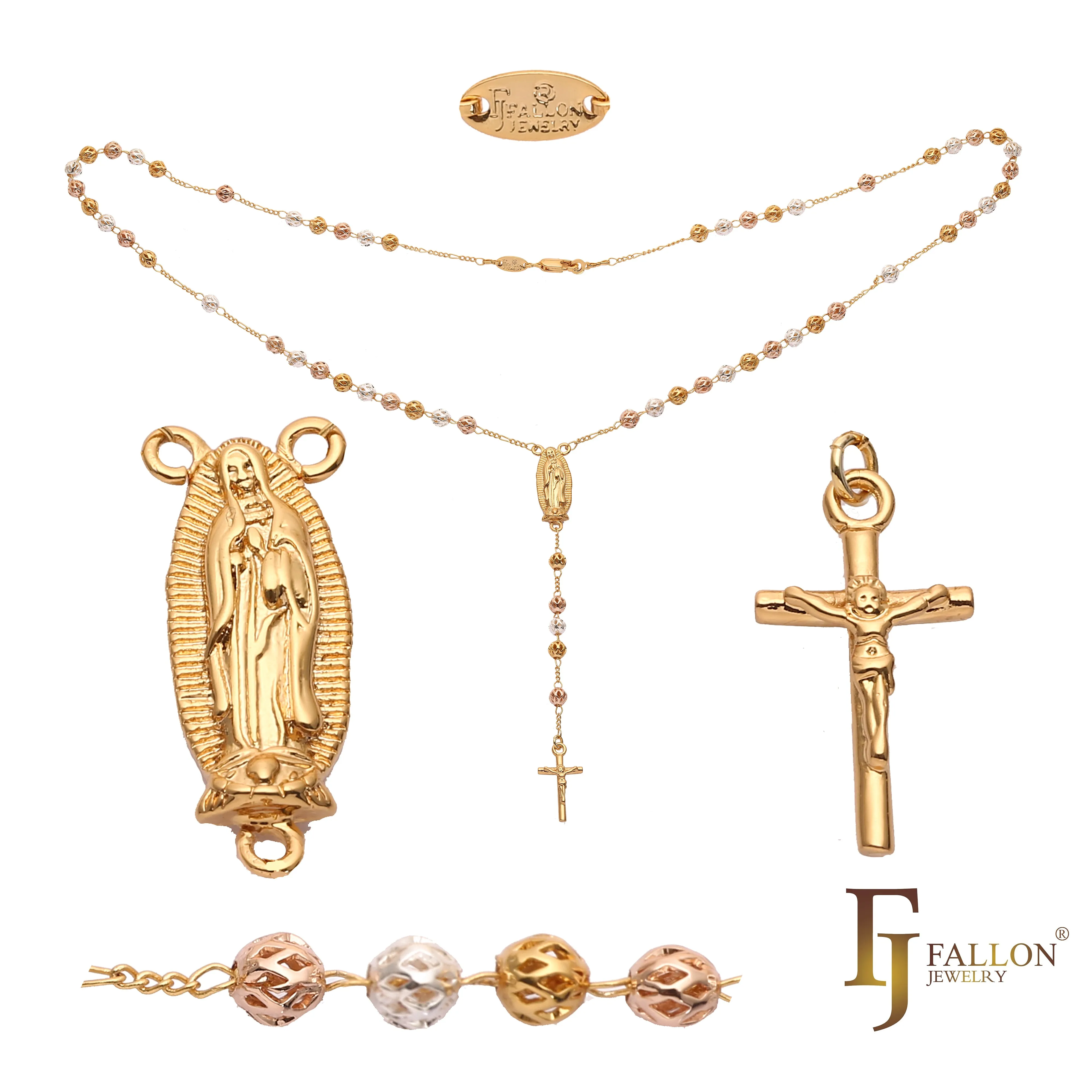 Italian Virgin of Guadalupe with Crucifix cross Catholic Rosary Necklace plated in 18K Gold, 14K Gold, 14K Gold two tone