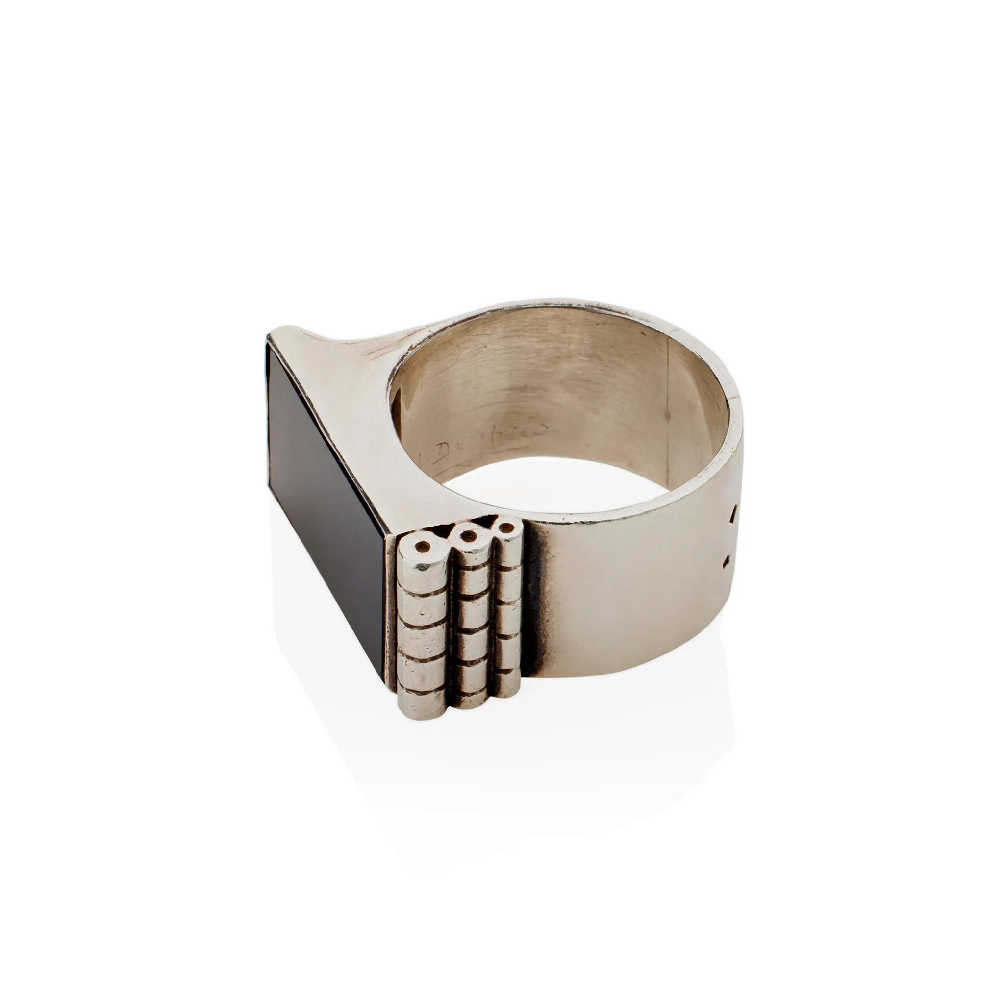 Jean Despr??s Modernist Silver and Onyx "Bijoux Moteurs" Ring