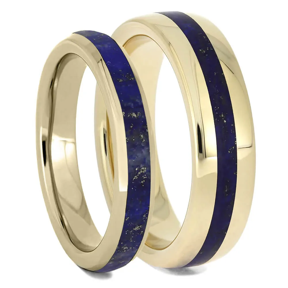 Lapis Lazuli Wedding Band Set, 14k Yellow Gold Matching Rings