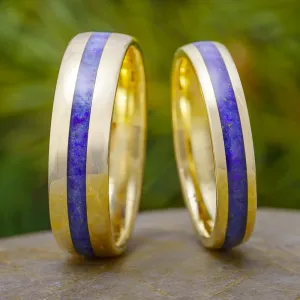 Lapis Lazuli Wedding Band Set, 14k Yellow Gold Matching Rings