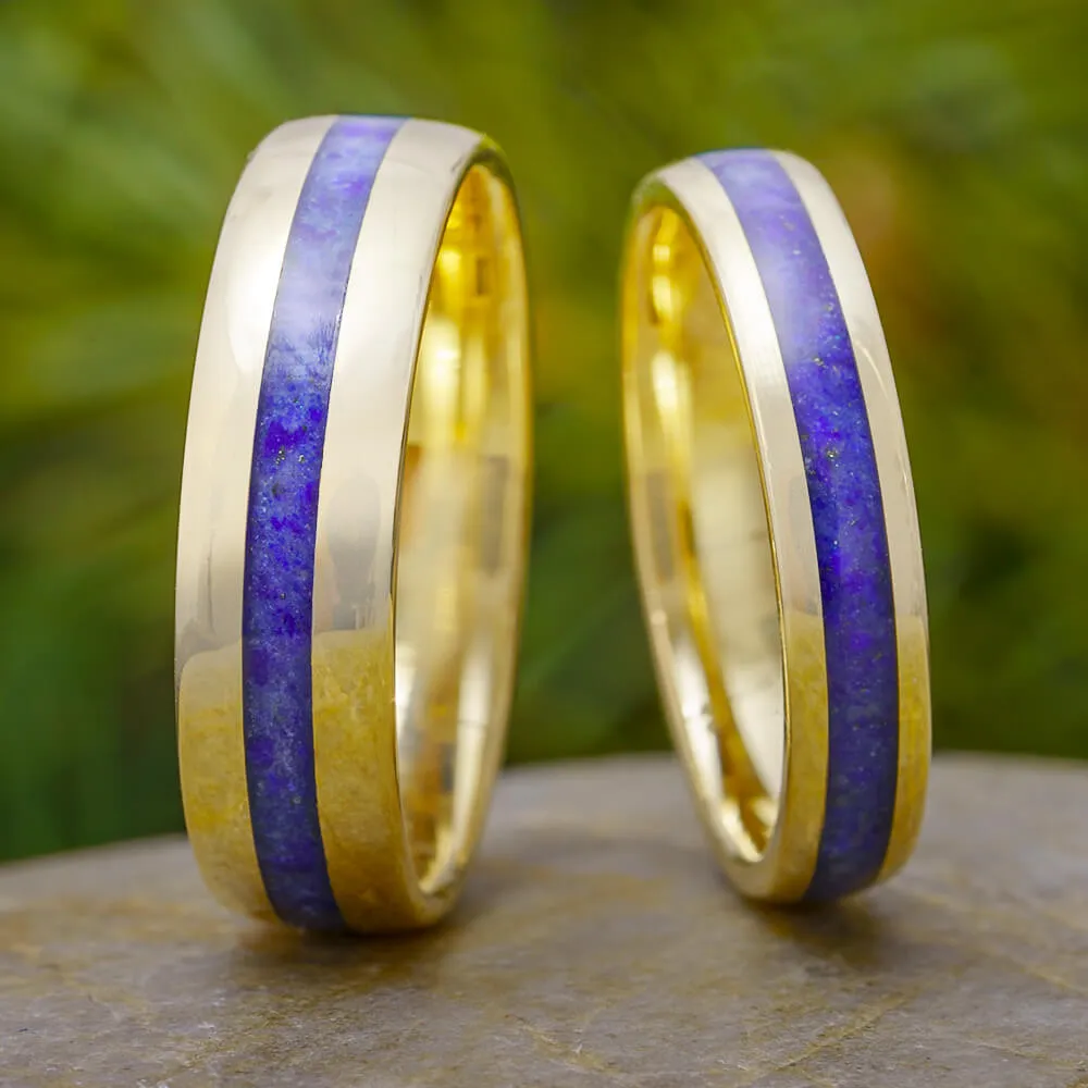 Lapis Lazuli Wedding Band Set, 14k Yellow Gold Matching Rings