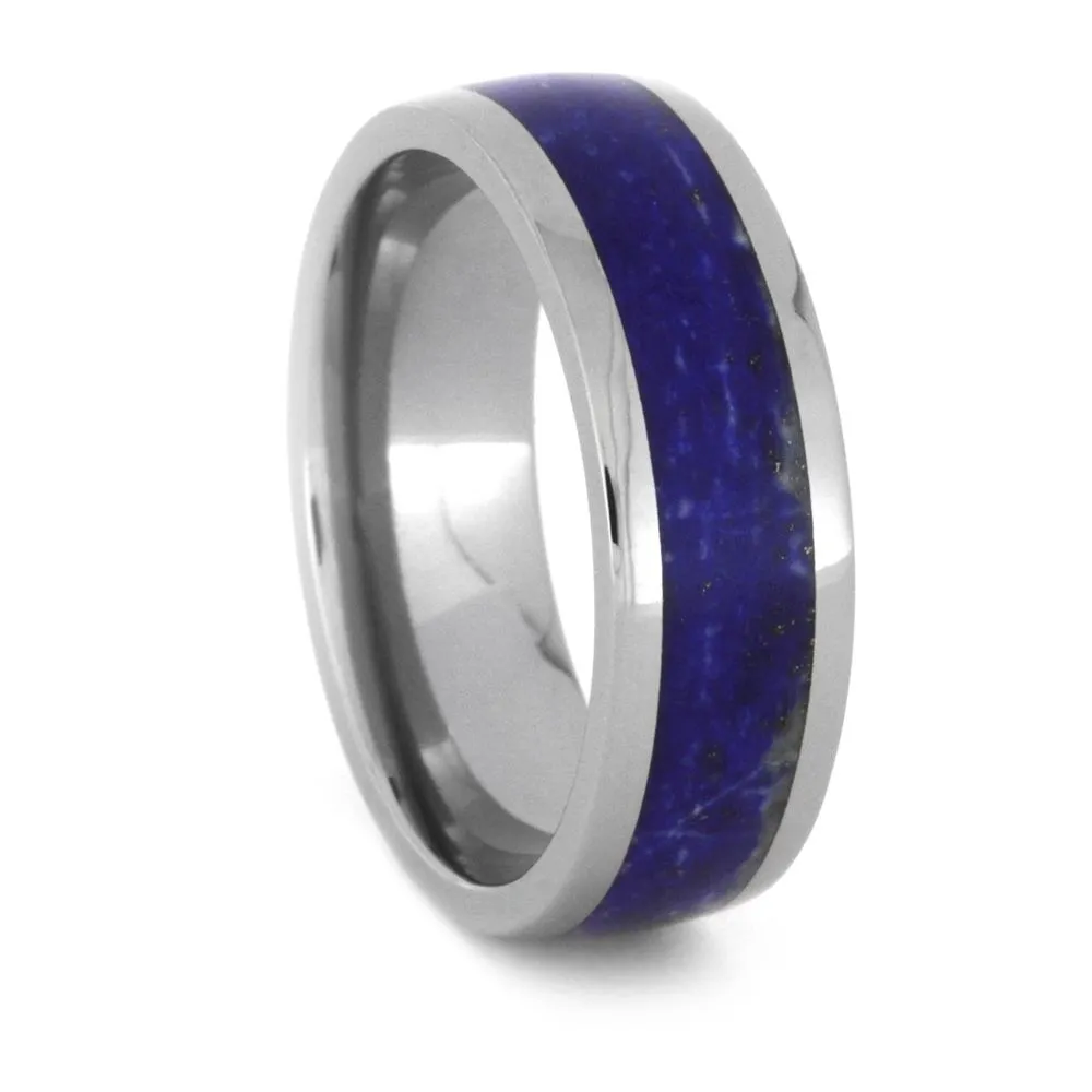 Lapis Lazuli Wedding Band Set, His and Hers Titanium Rings