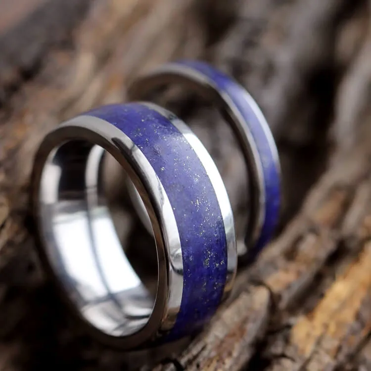 Lapis Lazuli Wedding Band Set, His and Hers Titanium Rings