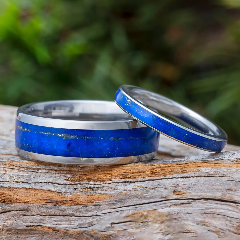 Lapis Lazuli Wedding Band Set, His and Hers Titanium Rings